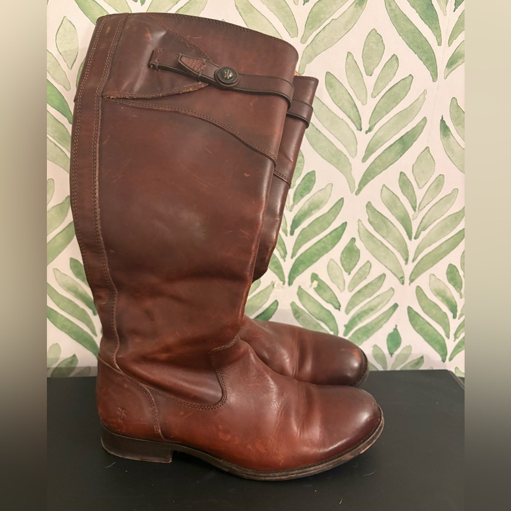 Frye Molly Button Brown Leather Zip Up Riding Boots- 7.5